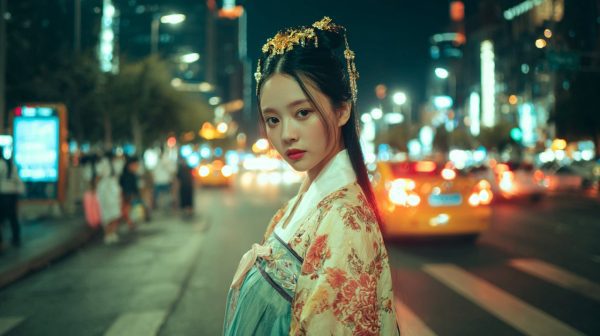 Eine junge Frau trägt elegante, moderne Hanfu auf einer belebten Stadtstraße.