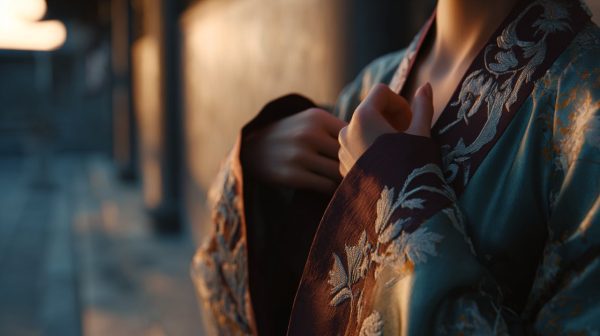 Nahaufnahme von Händen, die ein modernes Hanfu-Kleidungsstück anpassen, was die kulturelle Verbindung symbolisiert.