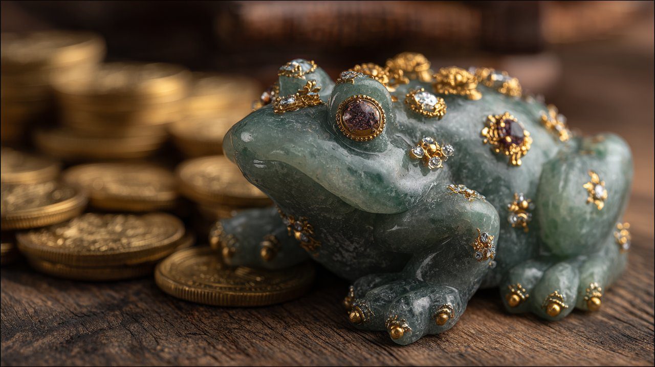 Sapo da Fortuna de Jade com Joias e Ouro