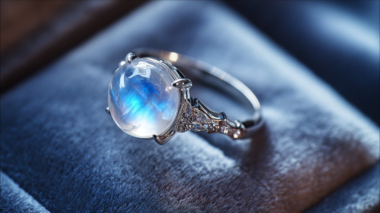 Anillo de piedra lunar de alta calidad con fuerte adularescencia