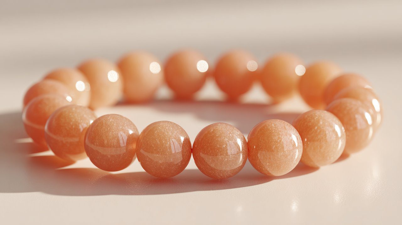 Elegante pulsera de cuentas de piedra lunar melocotón.
