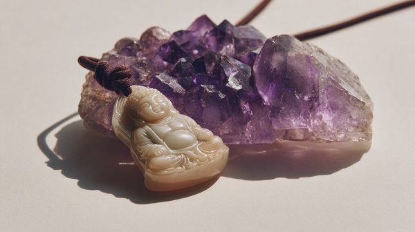 Un collar de Buda combinado con un cristal de amatista calmante.