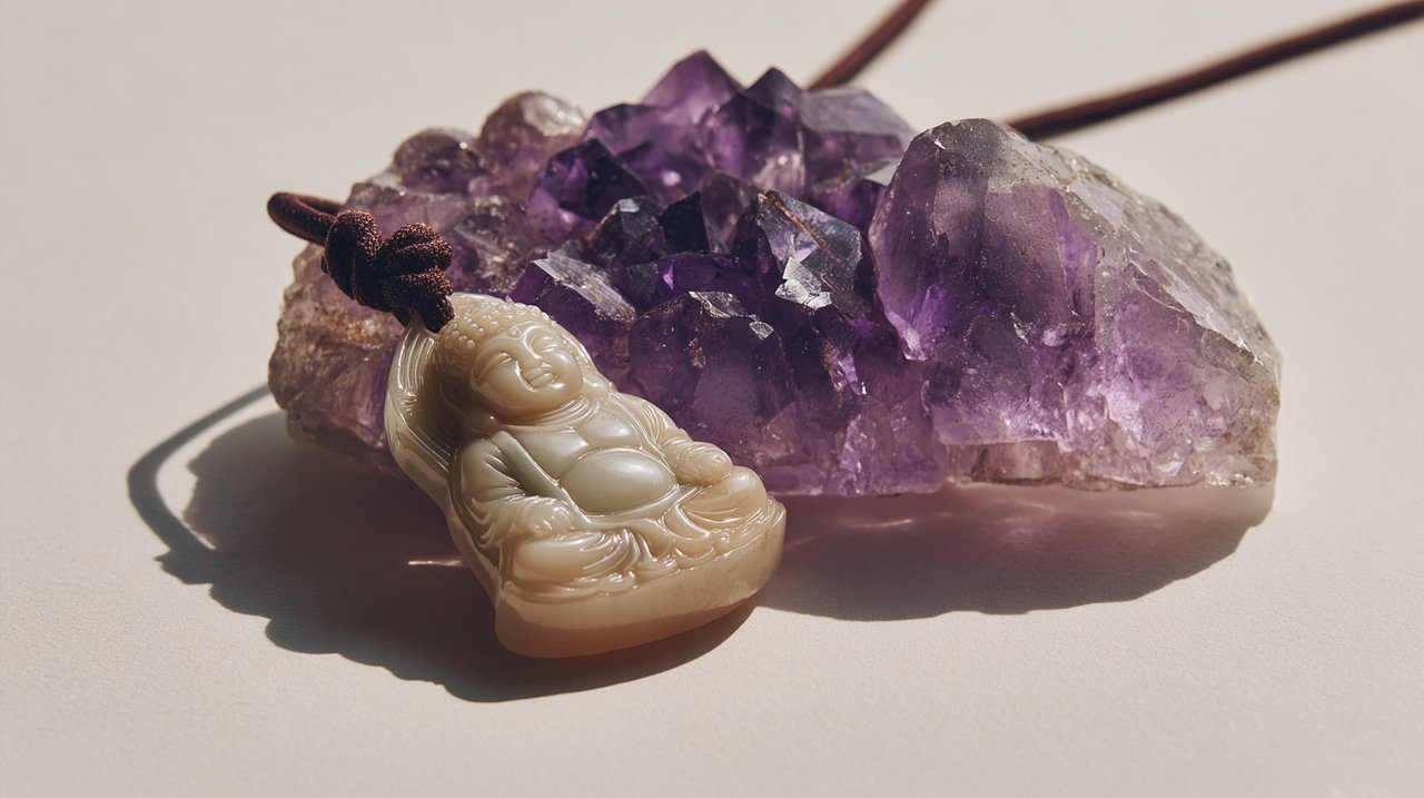 A Buddha necklace paired with a calming amethyst crystal.