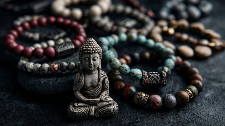 A collection of spiritual jewelry including a Buddha necklace and protection bracelets.