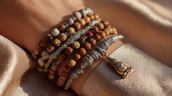 Collares y pulseras espirituales cuidadosamente superpuestos.