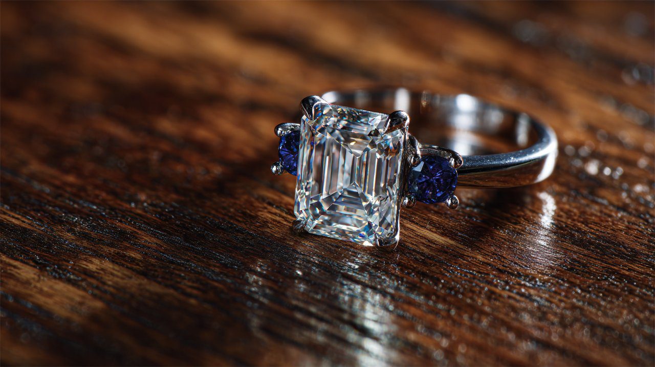 Un brillante anillo de diamantes talla esmeralda que representa decisiones interconectadas y sólidas.