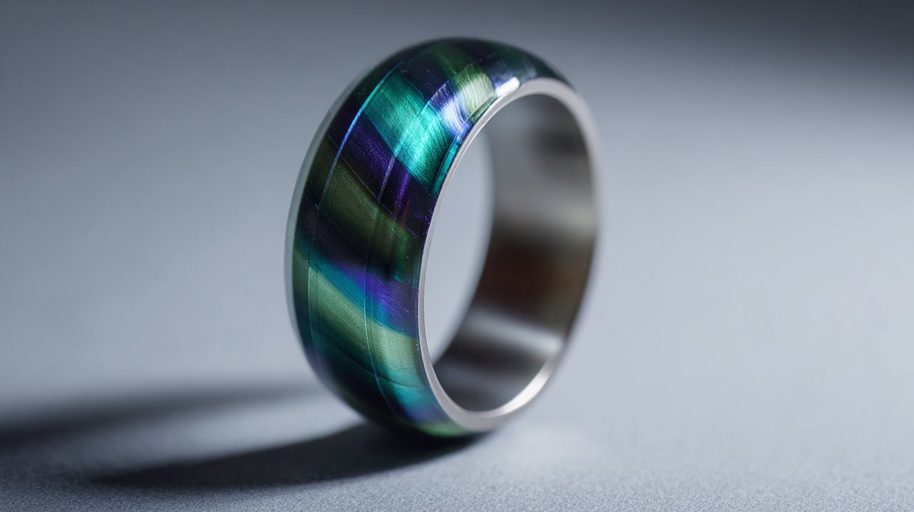 Anillo de obsidiana arcoíris iridiscente.
