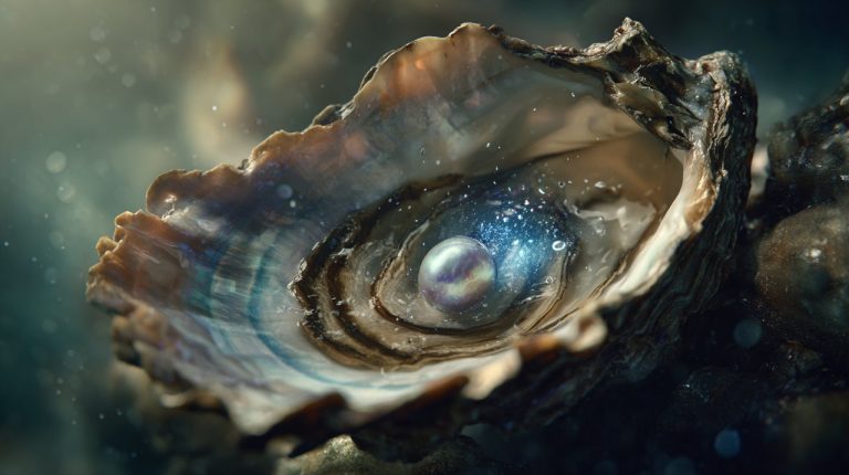 An open oyster revealing a natural pearl forming inside.
