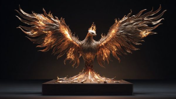 A majestic phoenix sculpture with fiery wings.