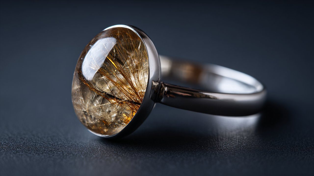 Rutilated quartz ring with golden threads