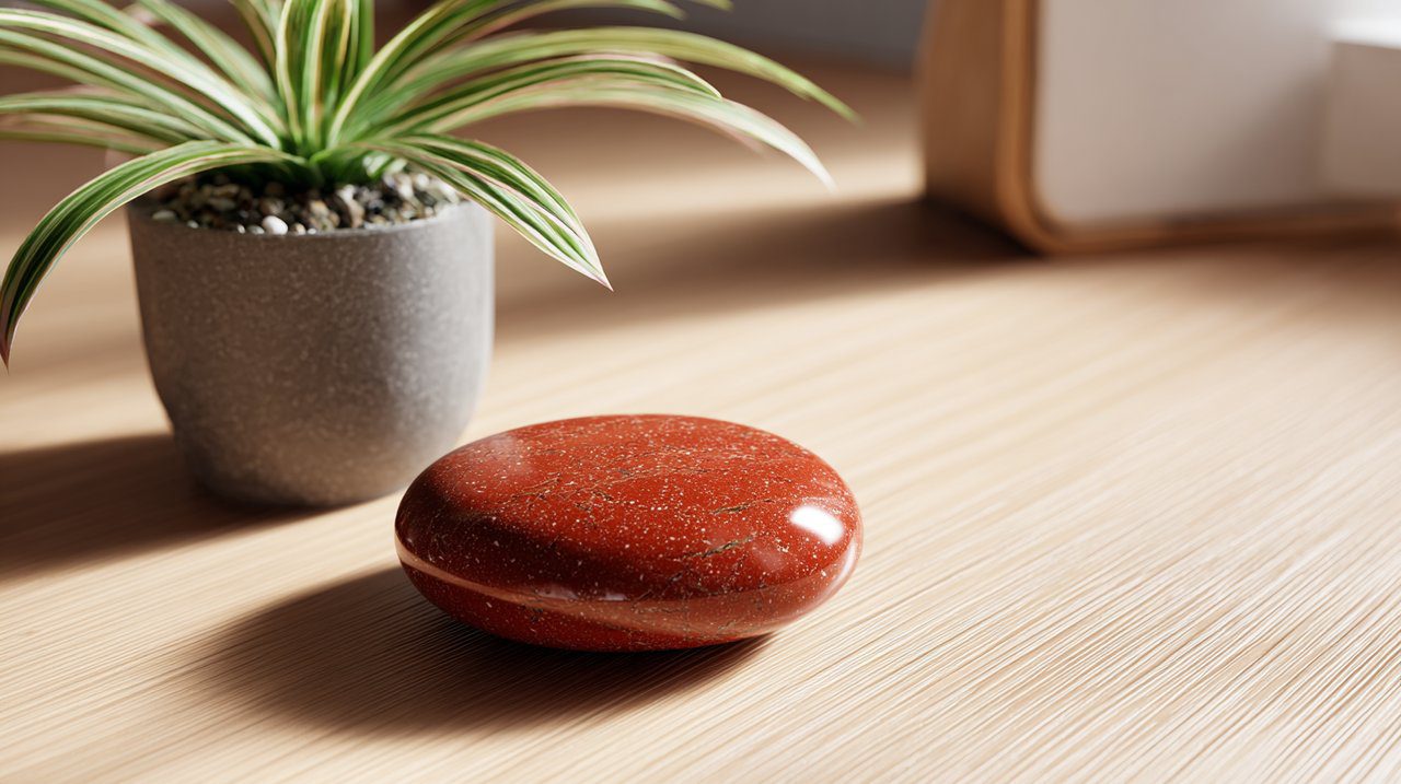 A polished Red Jasper palm stone placed on a wooden desk.