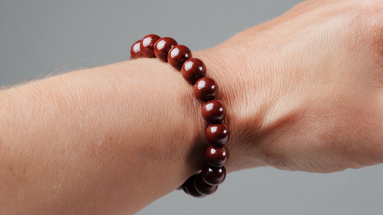 A stylish Red Jasper beaded bracelet on a wrist.