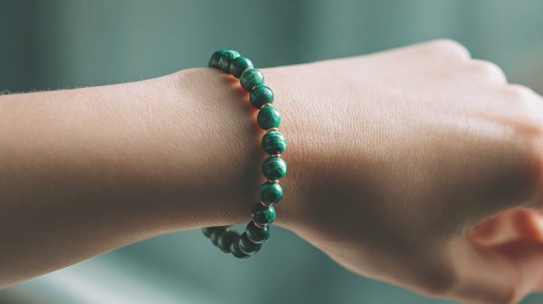 Ein Malachitarmband am Handgelenk, das emotionale Offenheit symbolisiert.