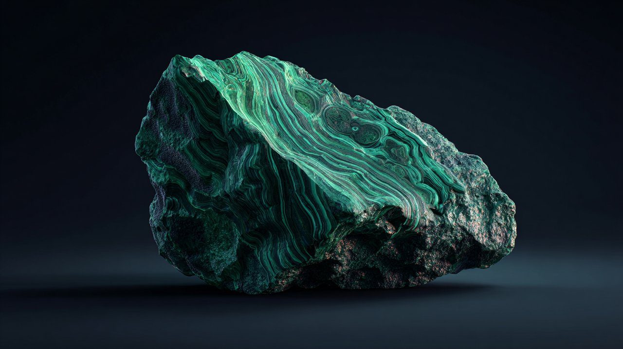 A raw, uncut malachite crystal showcasing its natural banded patterns.