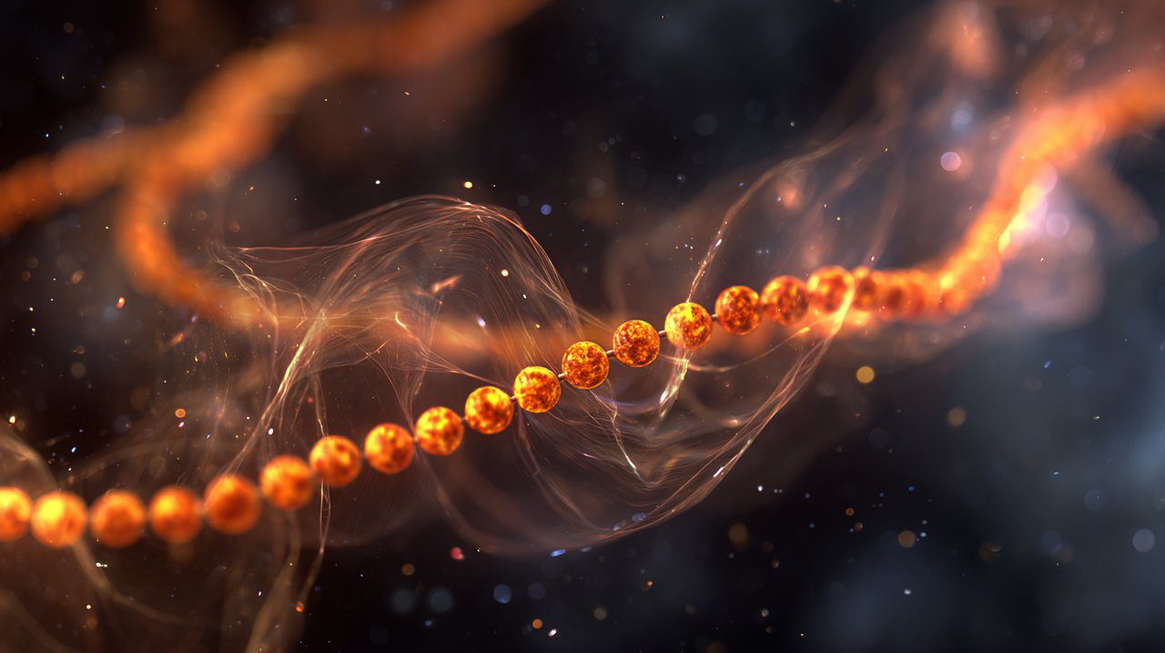 Representación abstracta de energía cósmica fluyendo a través de un brazalete de mala.