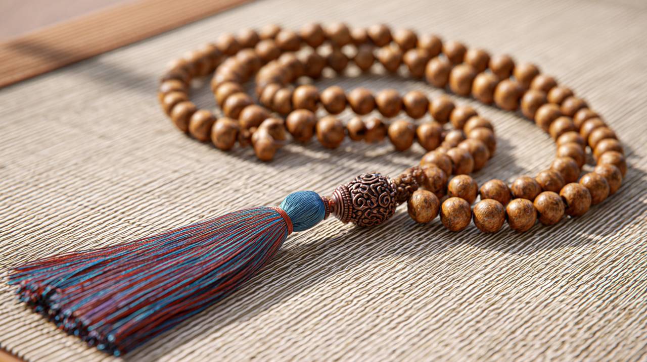 Mala tradicional de sándalo de 108 cuentas con cuenta guru y borla sobre una esterilla de meditación.