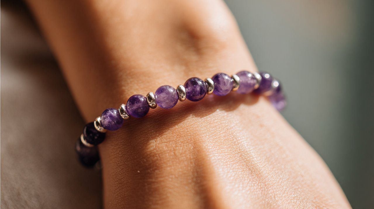 Muñeca de una persona adornada con un elegante brazalete de mala de amatista de 27 cuentas.