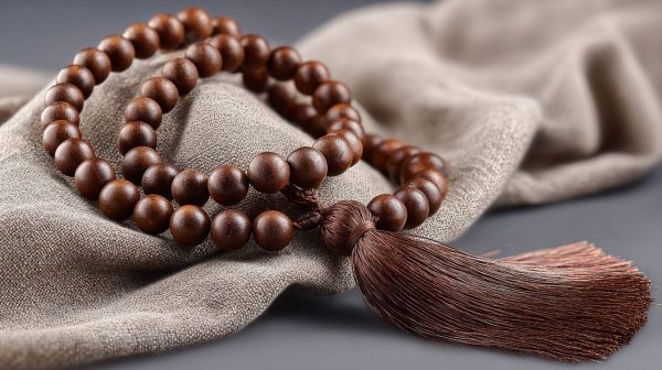 Traditional 108-bead sandalwood mala bracelet with guru bead and tassel.