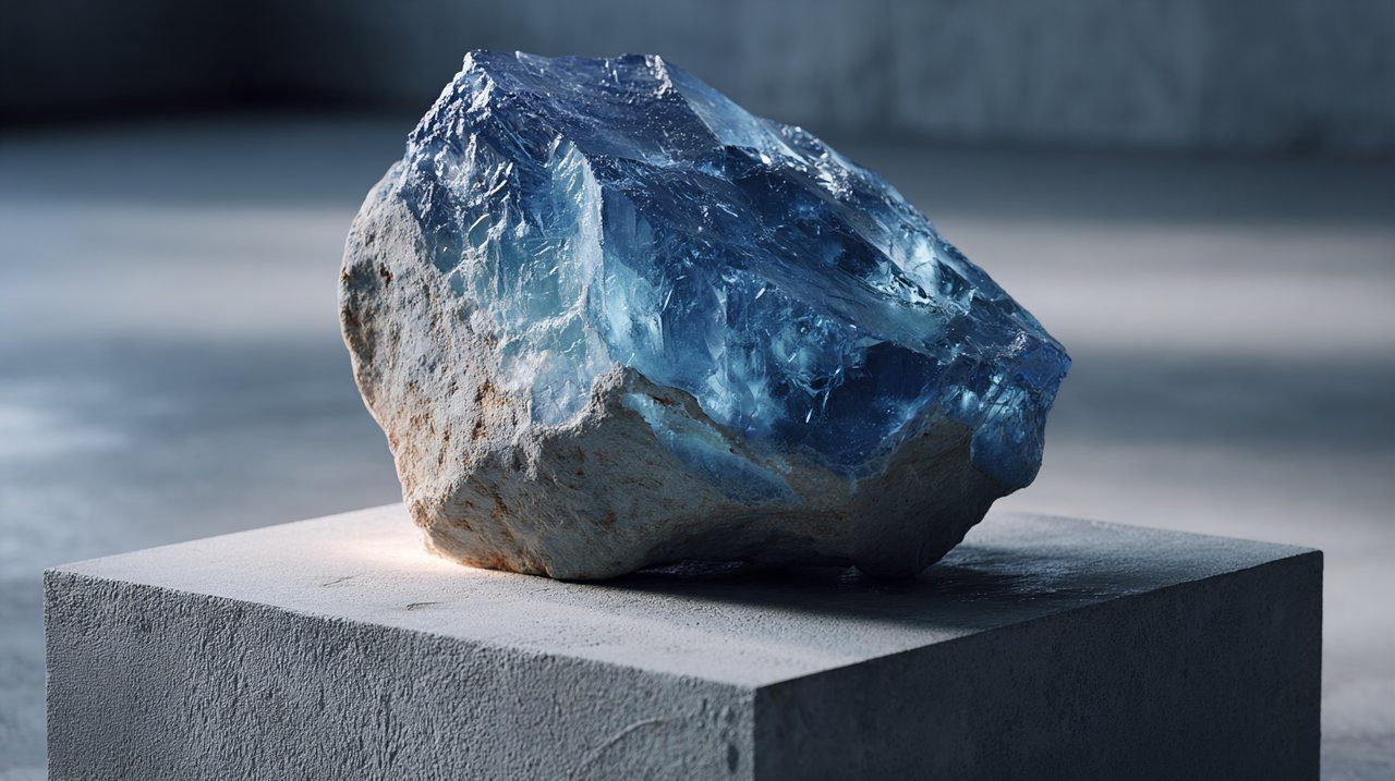 A raw, uncut indigo crystal, symbolizing an undefined inner self.