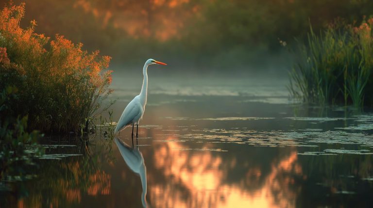 A lone egret standing still by a calm river at dawn, reflecting tranquility.