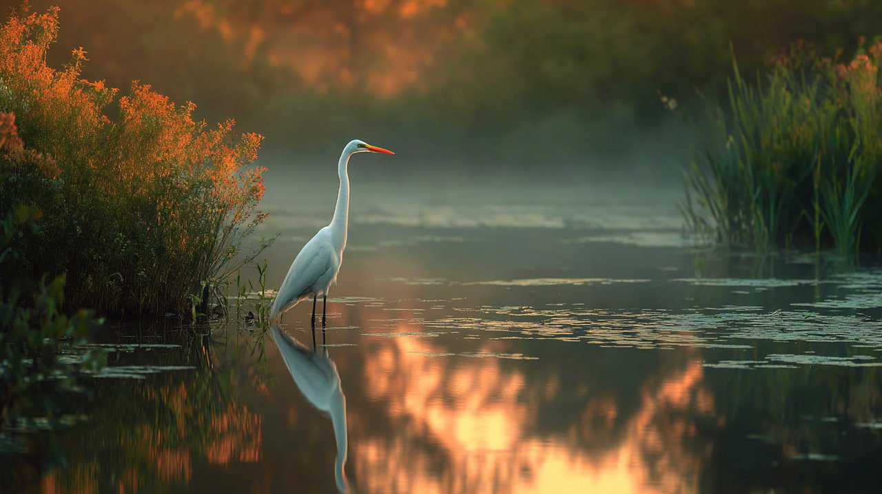 A lone egret standing still by a calm river at dawn, reflecting tranquility