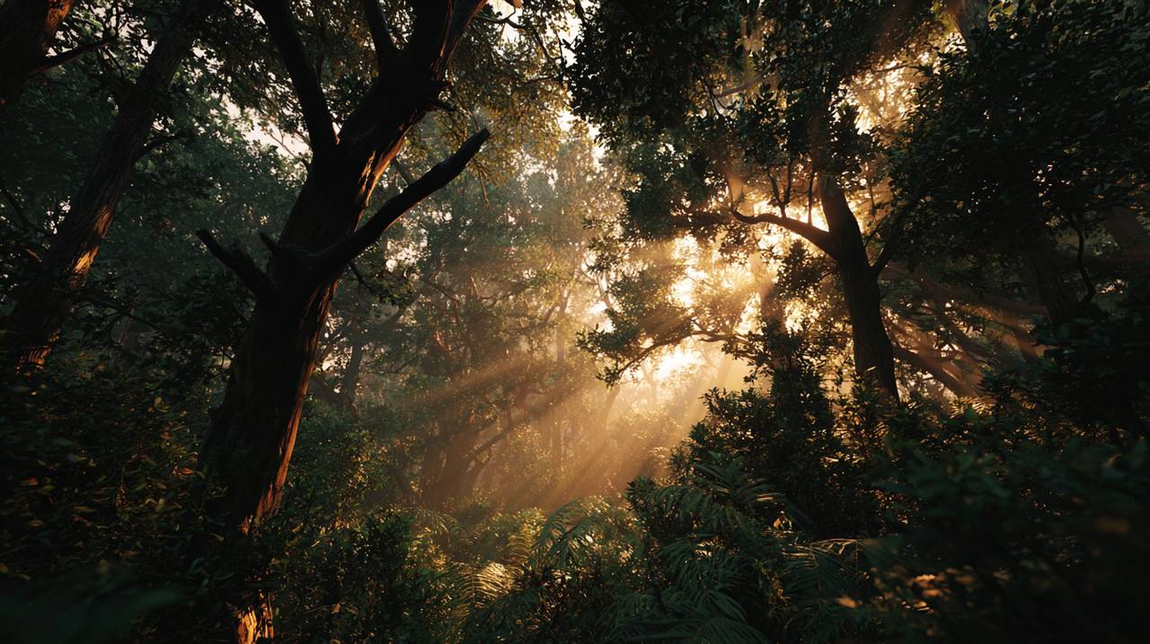 A vibrant, diverse forest at sunrise, with sunlight filtering through the canopy, symbolizing interconnectedness