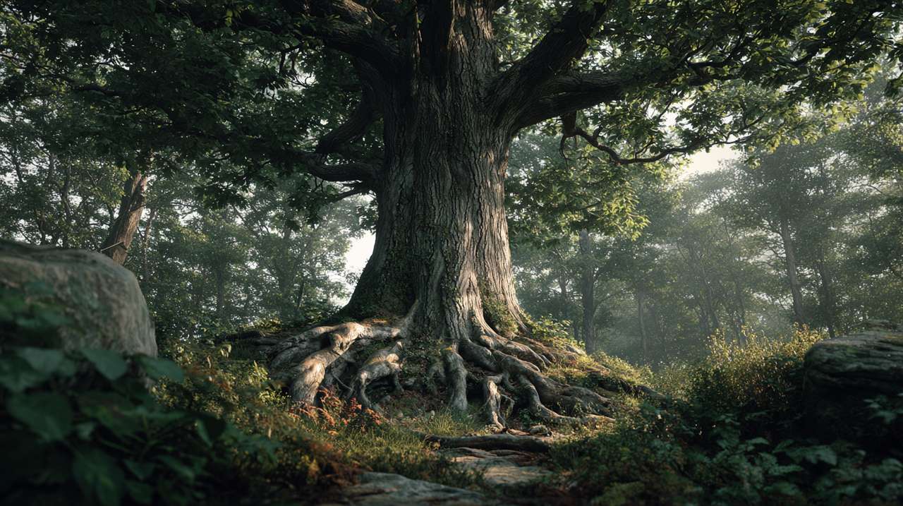 An ancient, deeply rooted oak tree in a sun-dappled forest, symbolizing strength and purpose