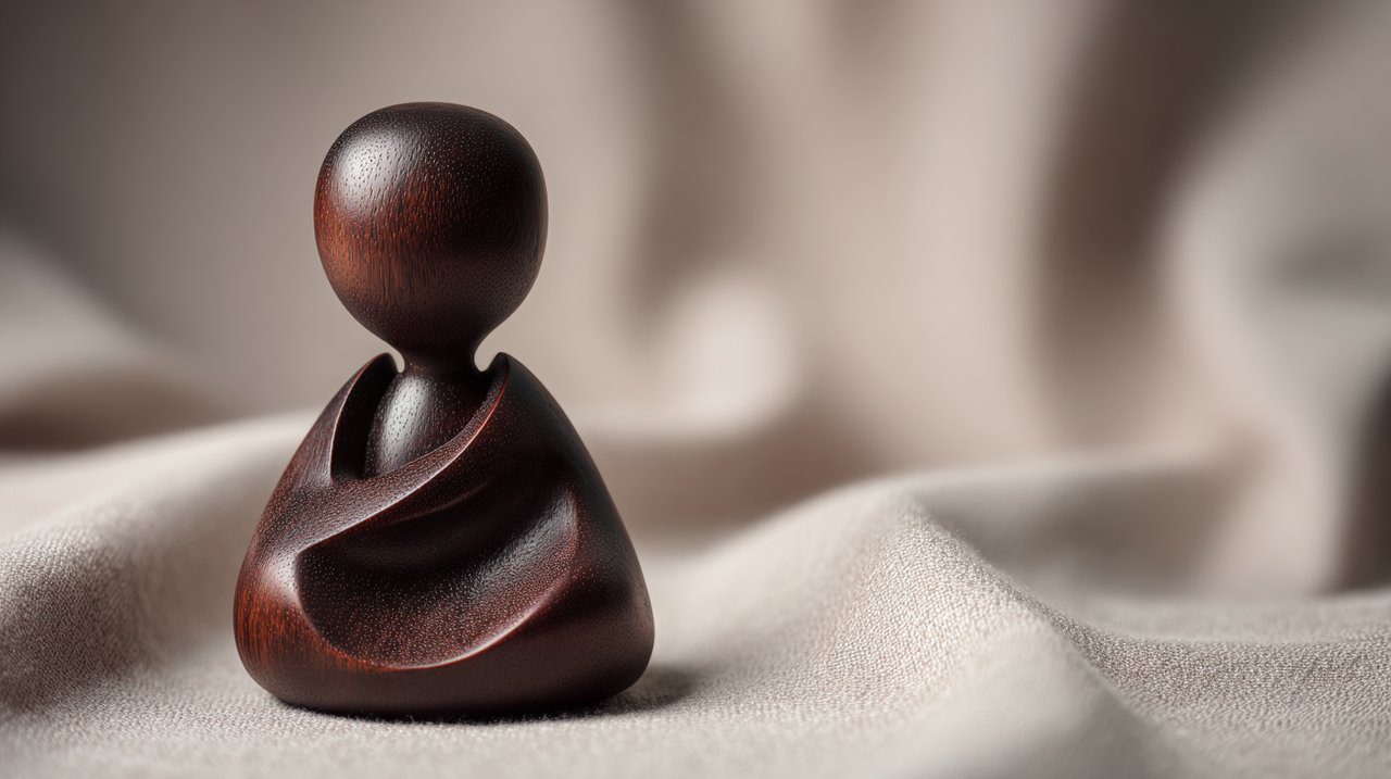 Una figura de meditación de madera tallada a mano.