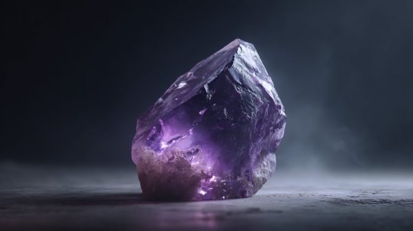 Kristal ametis mentah yang bercahaya dengan cahaya halus.