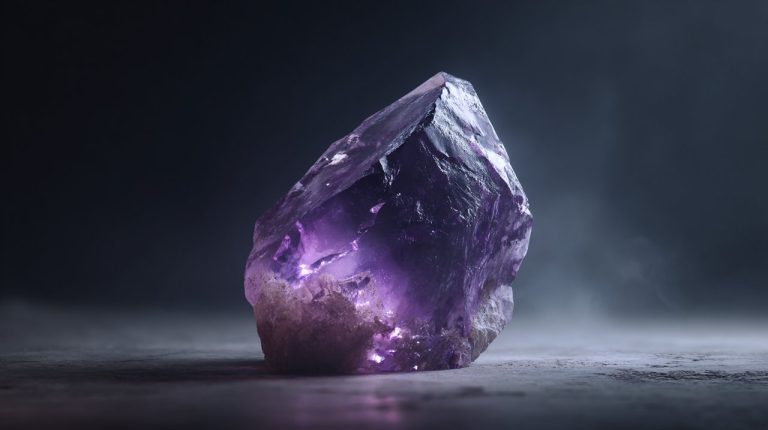 A luminous, raw amethyst crystal with subtle light.