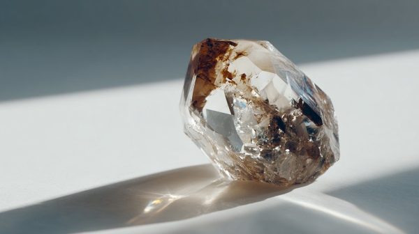 A raw, multifaceted crystal reflecting light.