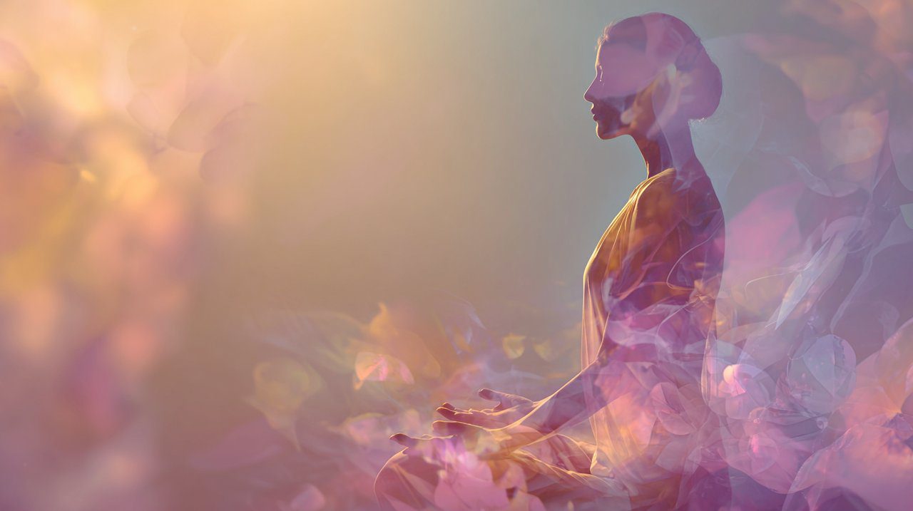 A serene silhouette meditating with a glowing, multi-colored aura, symbolizing inner peace and self-discovery through soul spectrum analysis.