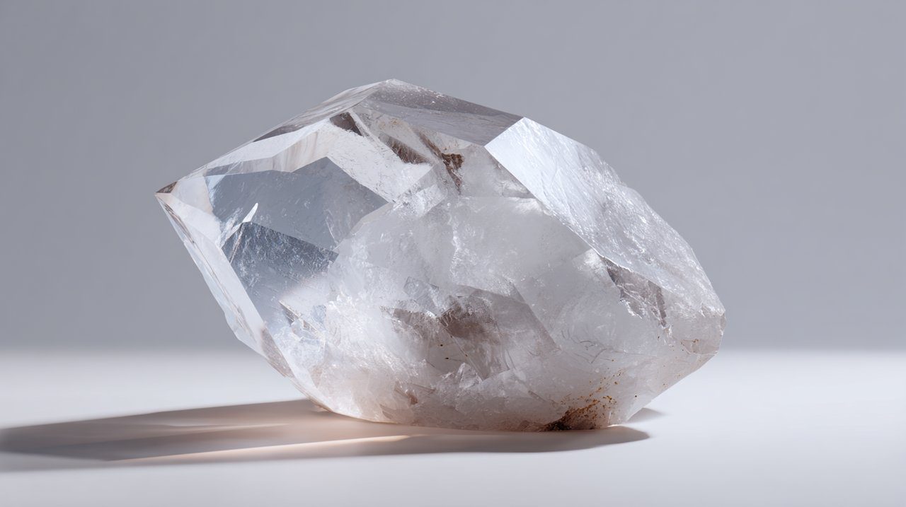 Un cristal de cuarzo transparente, en bruto sin cortar.