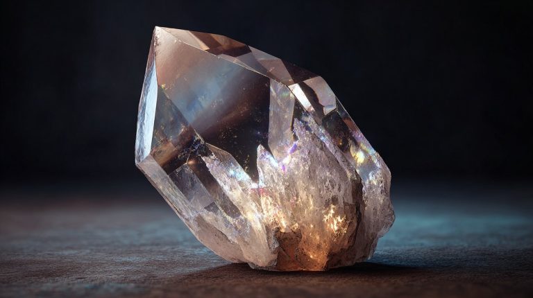 A raw, uncut crystal shimmering with internal light.