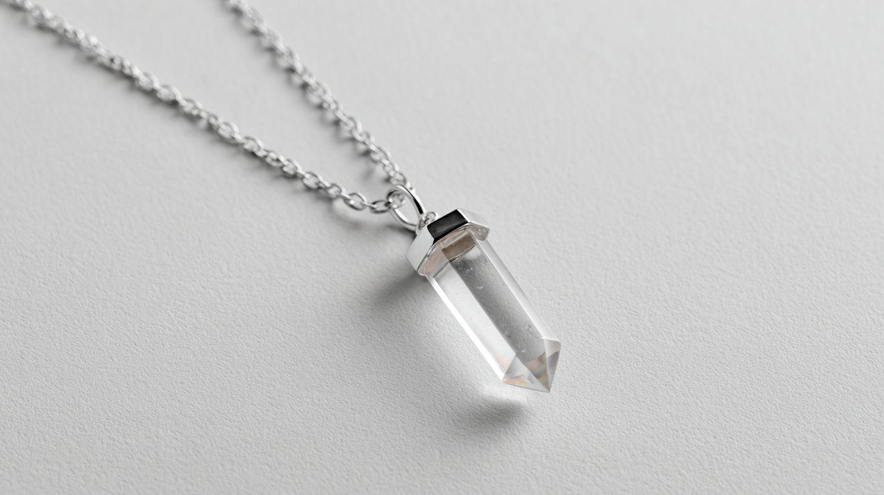 Um colar de cristal transparente amplificando a intenção.