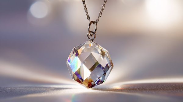 Un elegante collar con colgante de cristal que refleja la luz.