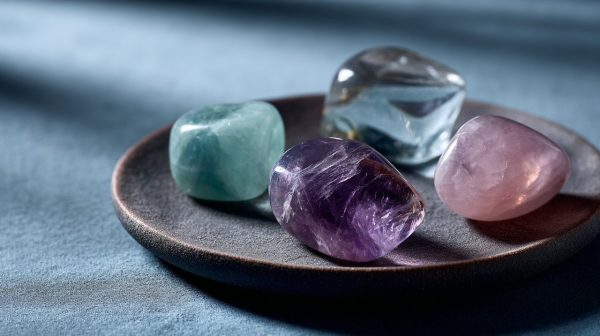 Una colección de cristales pulidos sobre un cojín de terciopelo.