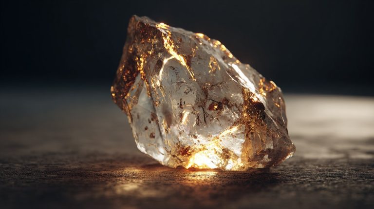 A raw, uncut crystal shimmering with internal light.