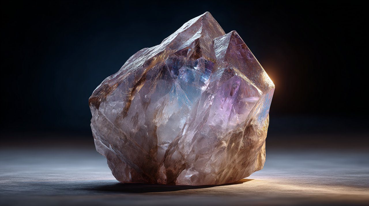 An uncut crystal displaying a spectrum of colors.