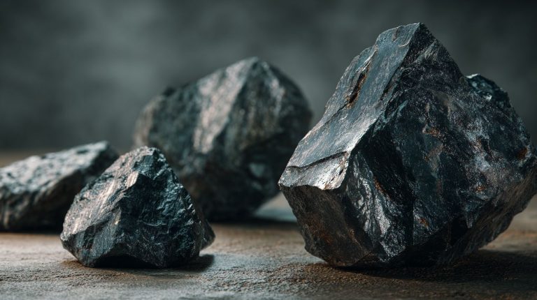 Raw black obsidian and hematite crystals on a natural background.