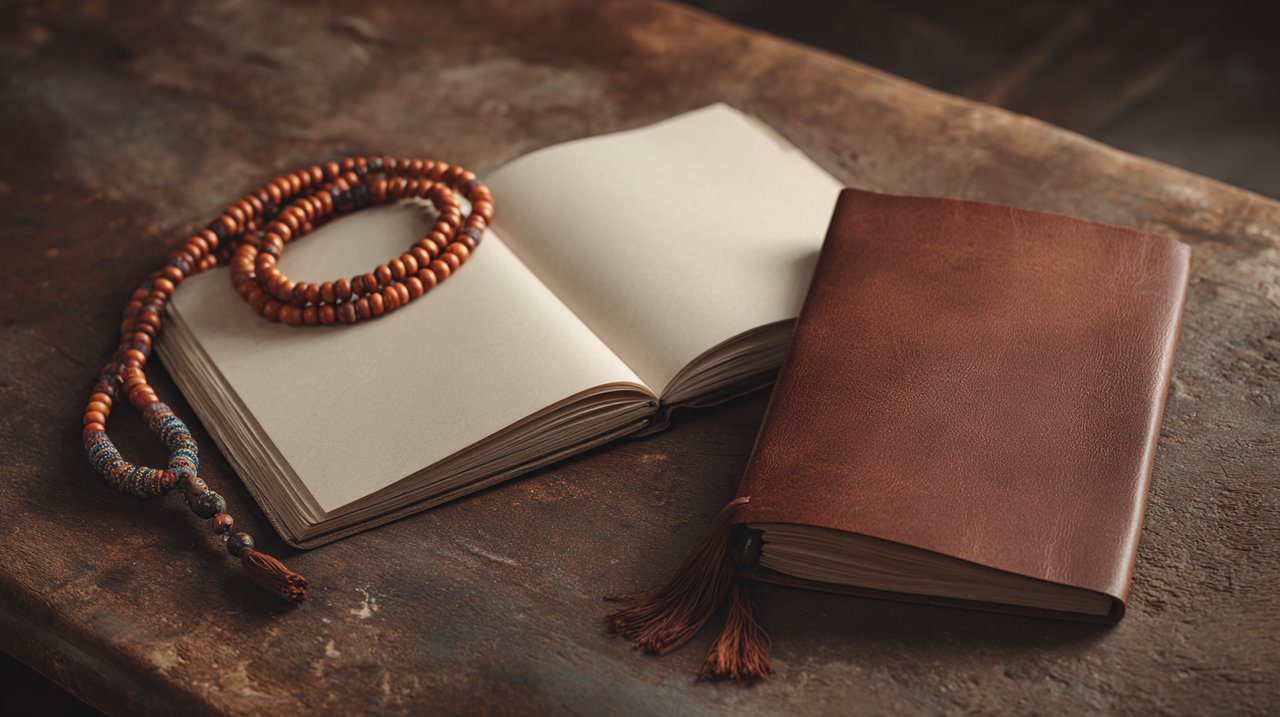 A high-quality journal with mala beads for reflection.