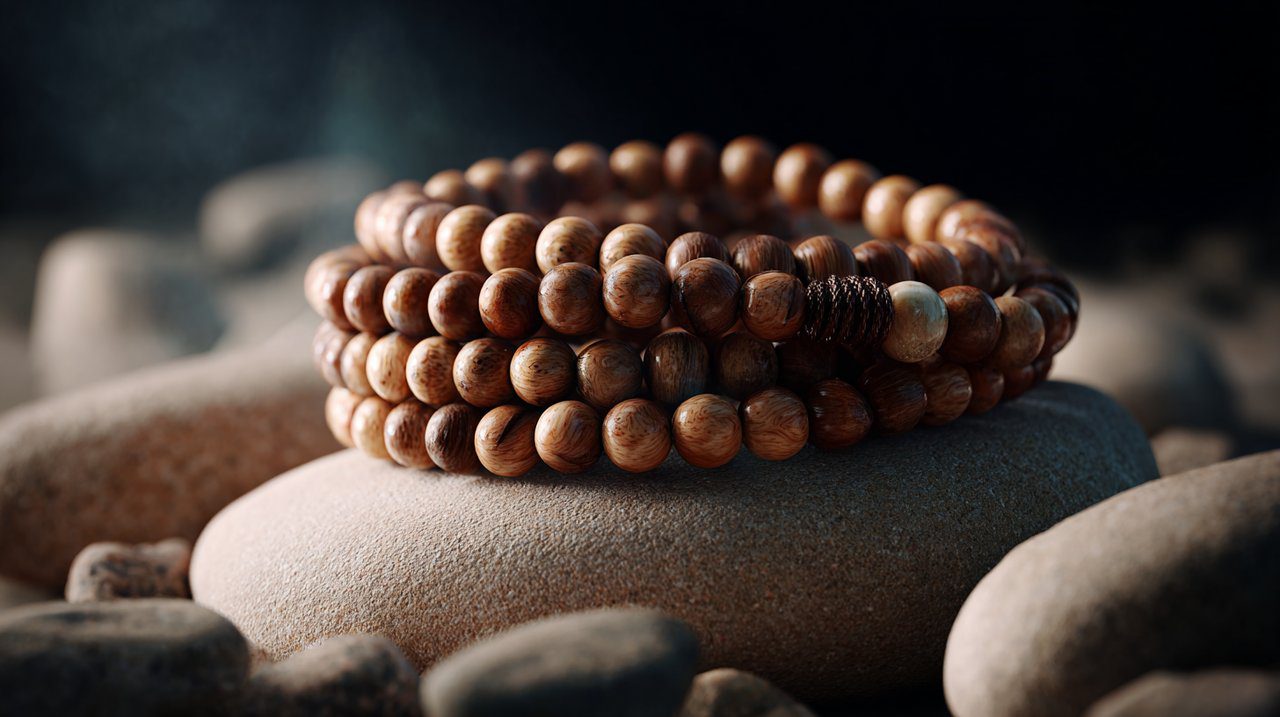 A string of wooden mala beads resting on a smooth surface.