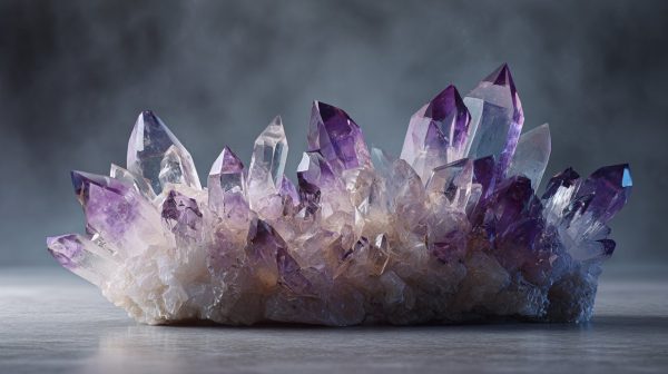 Un grupo de cristales curativos en bruto y sin pulir sobre un fondo minimalista.