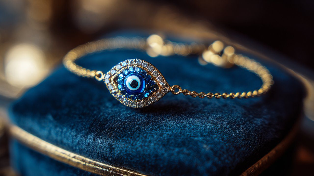 A delicate evil eye bracelet with a blue charm.