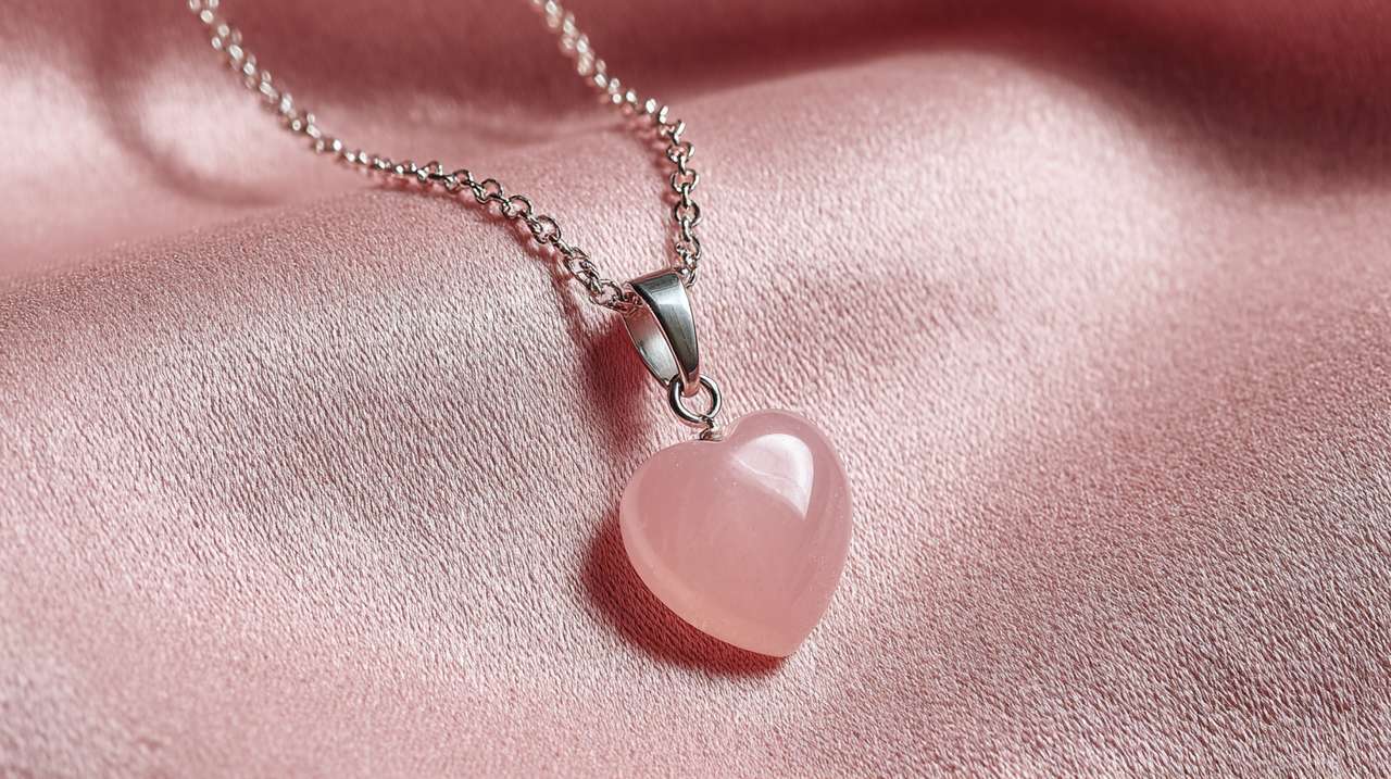 Un collar con colgante de corazón de cuarzo rosa.