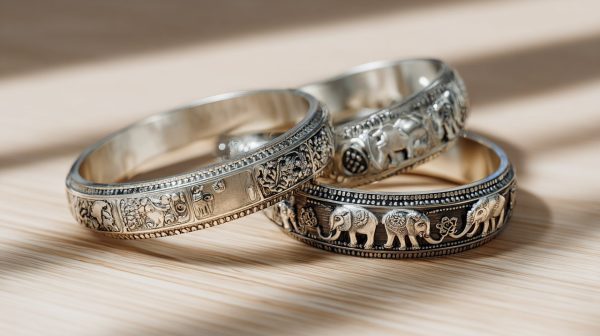 Collection of diverse sterling silver elephant bangles, highlighting craftsmanship and design variety.