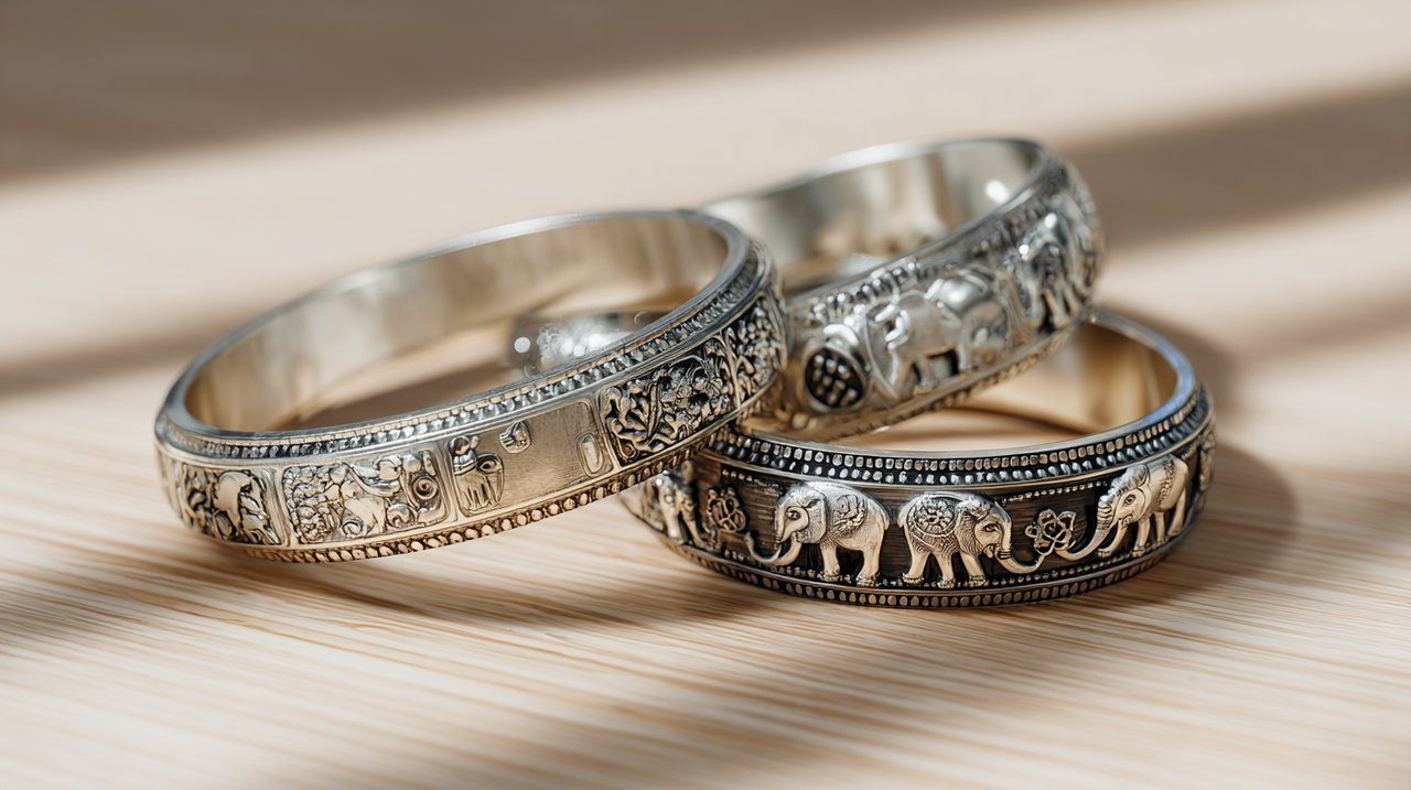 Collection of diverse sterling silver elephant bangles, highlighting craftsmanship and design variety.
