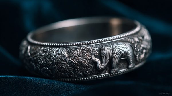 Close-up of a sterling silver elephant bangle, showcasing intricate details and its heirloom quality.
