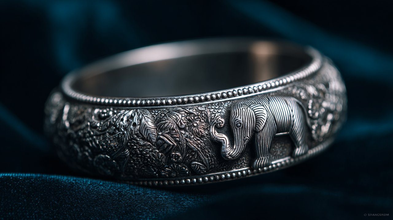 Close-up of a sterling silver elephant bangle, showcasing intricate details and its heirloom quality.