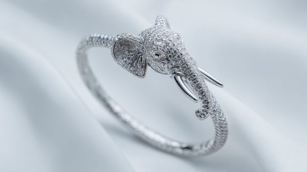 A beautifully crafted sterling silver elephant bangle on a minimalist background.